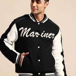 Mast & Harbour Typography Printed Stand Collar Bomber Jacket-19