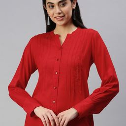 MALHAAR Red Bishop Sleeves Pure Cotton Top-image-27