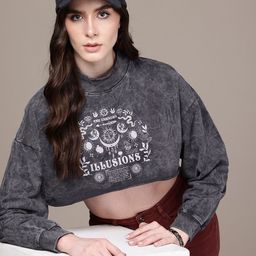 The Roadster Life Co. Graphic Printed Washed Effect Pure Cotton Crop Sweatshirt-image-83