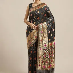 Saree mall Black & Gold-Toned Ethnic Motifs Zari Silk Blend Banarasi Sarees-image-93