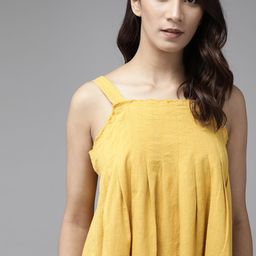 Roadster Women Mustard Yellow Solid Pure Cotton A-Line Top-image-51