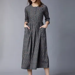 Vishudh Women Grey Printed Fit and Flare Dress-image-1