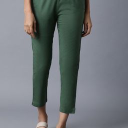 W Women Green Tapered Fit Solid Cropped Regular Trousers-image-87