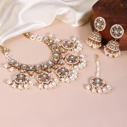 Peora Gold Plated Kundan & CZ Studded & Beaded Jewellery Set-19