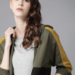 Roadster Women Olive Green & Black Colourblocked Hooded Sweatshirt-picture-47