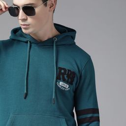 Roadster Men Teal Blue Printed Applique Hooded Sweatshirt-image-56