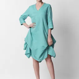 RAREISM Green Linen A-Line Dress-image-71