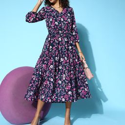 plusS Women Navy Blue Floral Volume Play Dress-image-83