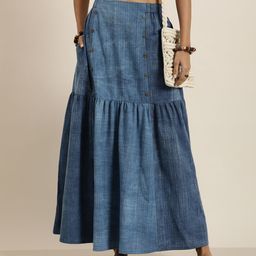 Taavi Women Indigo Denim Cotton-Linen Tiered Maxi Skirt-image-35