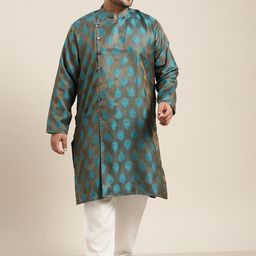 SOJANYA PLUS Men Olive Brown & Blue Ethnic Motifs Jacquard Angrakha Kurta with Pyjama-picture-15