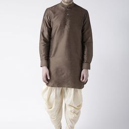 DEYANN Men Brown & Cream-Coloured Solid Kurta with Dhoti Pants-picture-6