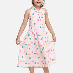BownBee Girls Pink & Blue Polka Dot Print Fit and Flare Dress-image-10