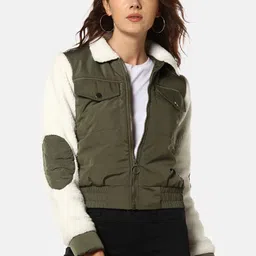 Campus Sutra Women Olive Green Solid Windcheater Bomber Jacket-image-46