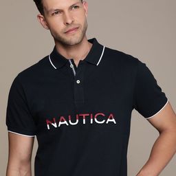 Nautica Brand Logo Printed With Embossed Effect Polo Collar Pure Cotton T-shirt-image-62