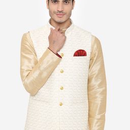 Wintage Men Cream-Coloured Woven Design Nehru Jacket-15