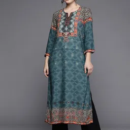 Biba Women Teal Blue Ethnic Motifs Printed Kurta-picture-8