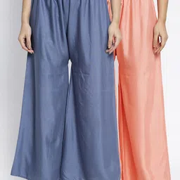 GRACIT Women Peach-Coloured & Blue Solid Flared Palazzos-11