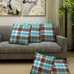 KLOTTHE Brown & White Set of 5 Checked Square Cushion Covers-18