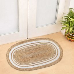 BLANC9 White & Brown Striped Cotton Hand Braided Floor Mat-image-3