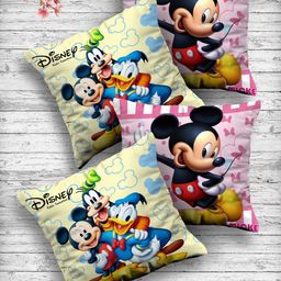 Kuber Industries Set Of 4 Pink & Cream-Coloured Both Side Disney Printed Reversible Cushions-86