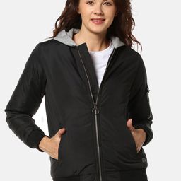 Campus Sutra Women Black Solid Windcheater Bomber Hooded Jacket-image-95