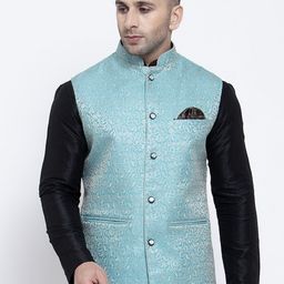 Badoliya & Sons Men Turquoise Blue & Off-White Woven Design Nehru Jacket-50