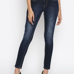 People Women Navy Blue Tapered Fit Mid-Rise Cotton Clean Look Jeans-image-101