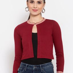 Style Quotient Women Maroon & Peach-Coloured Embroidered Cotton Crop Shrug-41