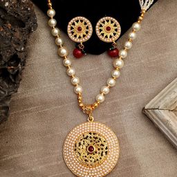 ANIKAS CREATION Gold-Plated Off-White & Red Stone-Studded Pearl Beaded Handcrafted Jewellery Set-image-62
