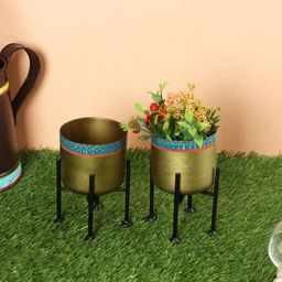 Aapno Rajasthan Set Of 2 Olive Green & Black Handcrafted Antique Planters With Stand-25