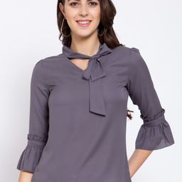Style Quotient Grey Tie-Up Neck Flared Sleeves Crepe Regular Top-53