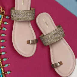 Anouk Women Gold-Toned Woven Design One Toe Flats-58