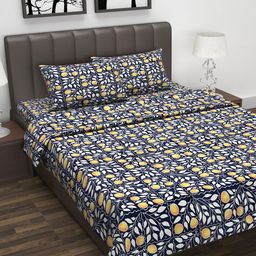 Divine Casa Unisex Navy Blue & White Floral Printed Double King Bedsheet With 2 Pillow Covers & Dohar-image-42