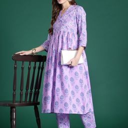 Indo Era Floral Printed Regular Pure Cotton Kurta with Trousers-image-20