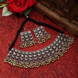 Moedbuille Beads Studded Filigree Work Oxidised Dual Tone Handcrafted Jewelry Set-image-23