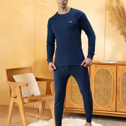 Lux Cottswool Men Blue Solid Cotton Thermal Set-picture-37