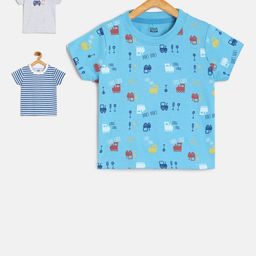 MINI KLUB Girls Pack Of 3 Blue Printed Round Neck Pure Cotton T-shirts-image-71