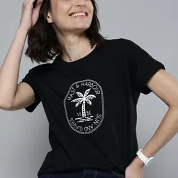 Mast & Harbour Women Black & White Typography Printed Pure Cotton T-shirt-picture-27