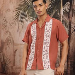 Sangria Cuban Collar Tribal Print Paneled Casual Shirt-image-20