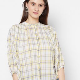Purple State White Checked Mandarin Collar Puff Sleeve Regular Top-image-96