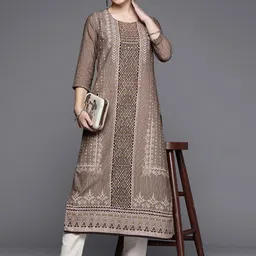 Biba Women Brown Cotton Linen Ethnic Motifs Print Kurta-picture-1