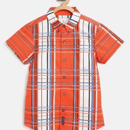 Cherry Crumble Boys Coral Orange & White Regular Fit Checked Casual Shirt-image-87