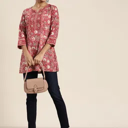 Rain & Rainbow Rose Floral Printed Sequinned Pure Cotton Sequinned Kurti-picture-44