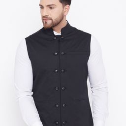Hypernation Men Black Solid Nehru Jacket-7