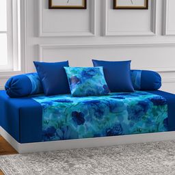 SWAYAM Blue Printed Diwan Set with Bolster & Cushion Covers-16