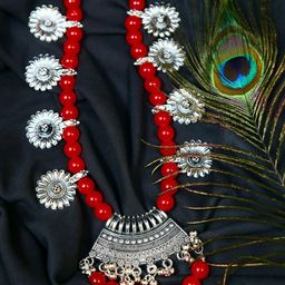 Crunchy Fashion Silver-Toned & Red Alloy Silver-Plated Oxidised Necklace-image-50