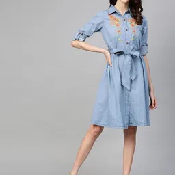 plusS Women Blue Chambray Solid Shirt Dress with Embroidered Detail & Belt-image-56