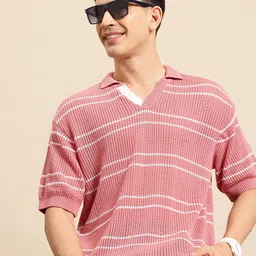 Mast & Harbour Open-Knits Self-Striped Polo Collar T-shirt-image-17