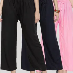 Clora Creation Women Black & Navy Blue Pack of 3 Knitted Palazzos-image-26