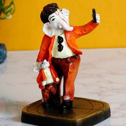 eCraftIndia Brown & Orange Lord Ganesha Taking Selfie With Mushak Handcrafted Showpiece-image-20